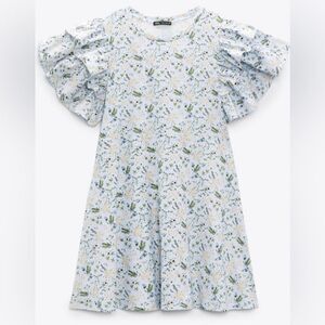 Zara Light Blue Floral Crew Neck Puff Shoulder Lightweight Casual Dress